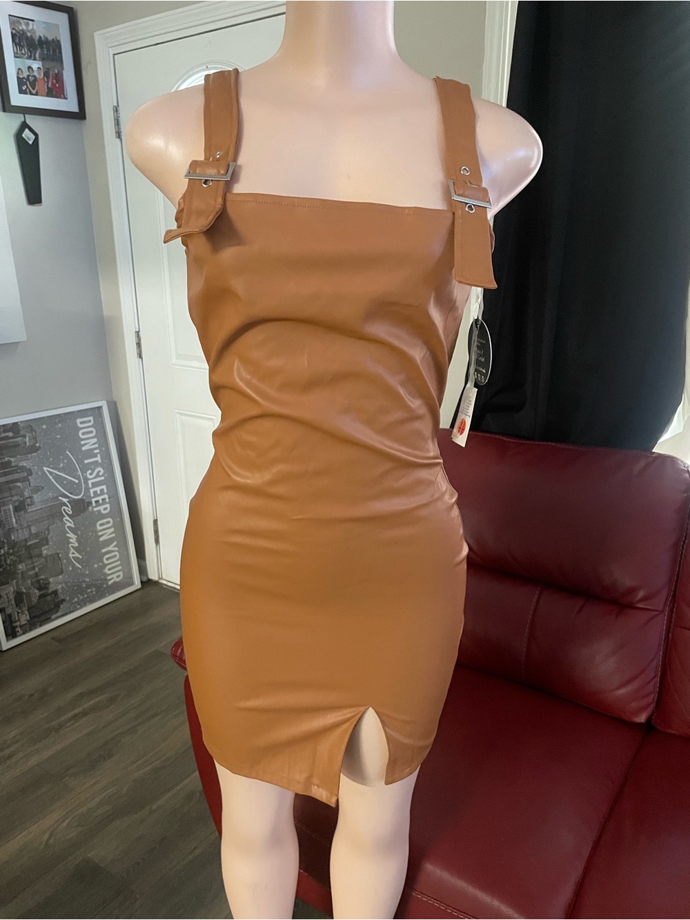 New Jolie & Joy Faux Leather Buckle-Strap Mini Dress in Tan Small Bodycon